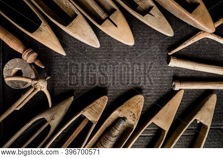 A Set Of Original Antique Wooden Weaving Tools, Hand Weaving Shuttle. Spindle, Manual Spinning