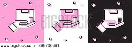 Set Delivery Insurance Icon Isolated On Pink And White, Black Background. Insured Cardboard Boxes Be
