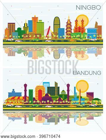 Bandung Indonesia and Ningbo China City Skylines Set with Color Buildings, Blue Sky and Reflections.