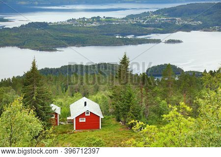 Norway Sunnmore District Landscape. View From Nihusen Mountain In Skodje Municipality. Red Vacation 