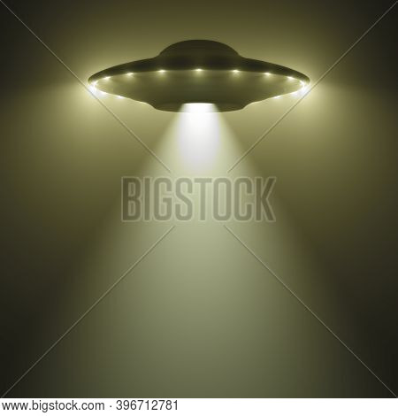 Unidentified Flying Object At Night With Fog And A Light Below, Supposed Tractor Beam. Clipping Path