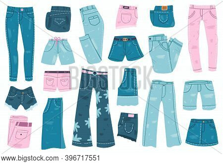 Jeans Clothes. Denim Trousers, Shorts And Skirt, Blue Jeans Unisex Apparel. Stylish Casual Denim Gar