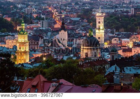 Night View Of Weastern European City Lviv, Architecture Background