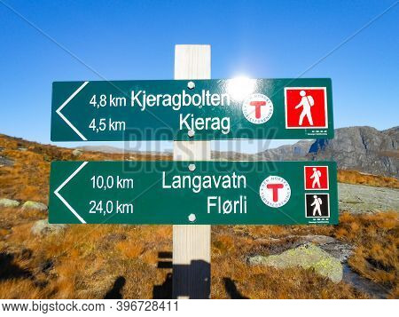 Signpost Began Climbing A Kjerag Mountain. Kjerag Kjeragbolten In Rogaland, Norway.