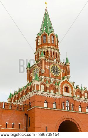 Yoshkar-ola, Mari El, Russia 30 July 2020: Kremlin Spasskaya Tower Top Cloudy Day. Selective Soft Fo