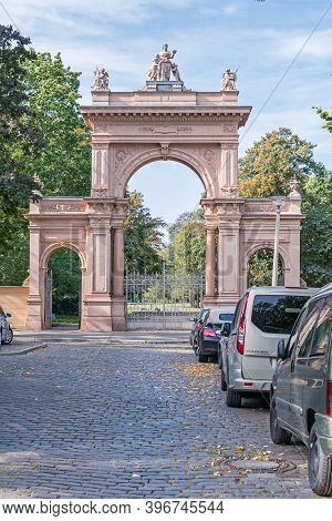 Berlin, Germany - October 3, 2020: Entrance Gate Of The Buergerpark (community Park), The Public Gre