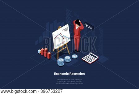 Economics Recession Conceptual Illustration With Infographics. 3d Cartoon Composition On Dark Backgr