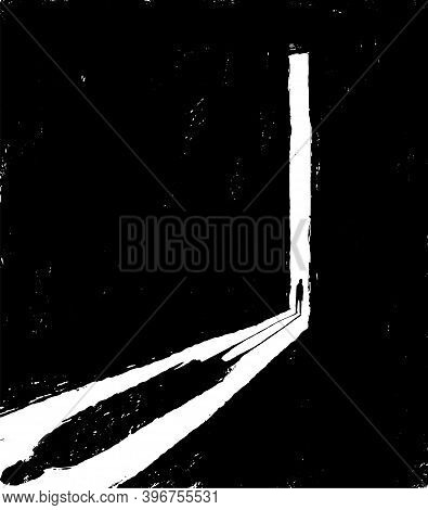Illustration Of A Peson Opening A Door To A Dark Room. Depression And Loneliness State.