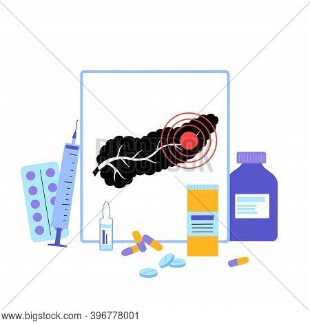 Pain Or Inflammation In Pancreas. Gastrointestinal Clinic Or Hospital Icon. Digestive System Disease