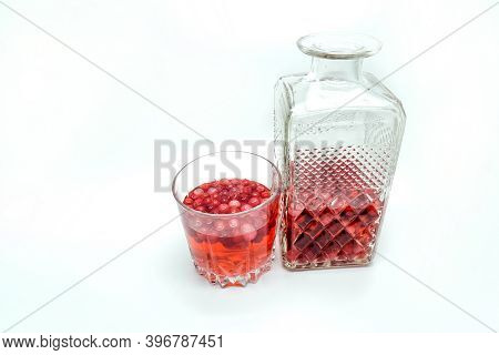 Homemade Tincture Of Red Cherry. Berry Alcoholic Drinks Concept. Homemade Red Wine Made From Ripe Ch