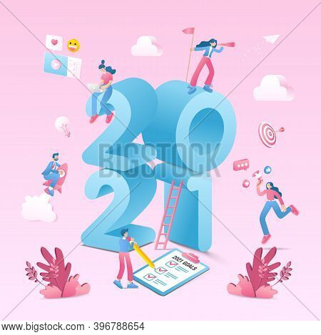 Happy New Year 2021. 2021 Business Goals Concept Illustration. \nmarketers Doing Social Media Market