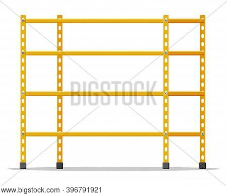 Metal Yellow Standing Rack. Empty Metallic Storage Shelves Isolated On White. Warehouse Equipment An