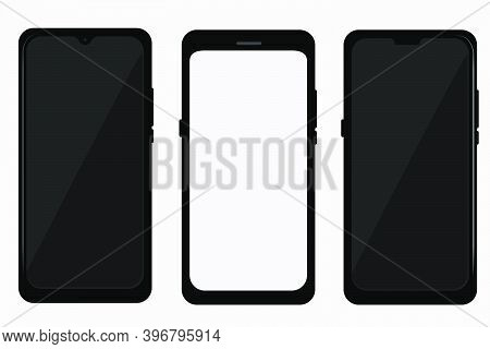 Three Vector Different Model Of Realistic Flat Color Black Smartphone.