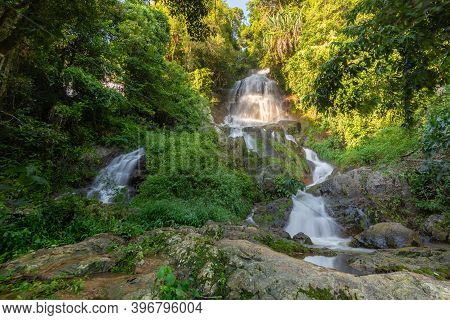 Horizontal Photo, Famous Tropical Waterfall Namuang During The Rainy Season On Koh Samui Island In T