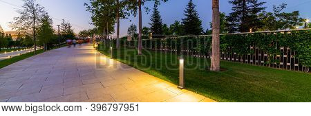 Maple Alley In French Garden In Public Landscape City Park Krasnodar Or Galitsky Park . Wooden Circu