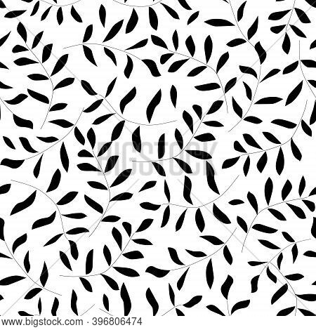 Autumn Branches And Leaves Black Silhouette Seamless Pattern. Hand Drawn Background For Wrapping Scr