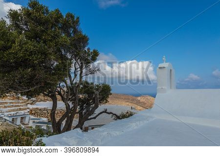 View Of The Small Church Of Panagia Paleokastritsa Inside The Ruins Palaiokastro Castle. Top On The 