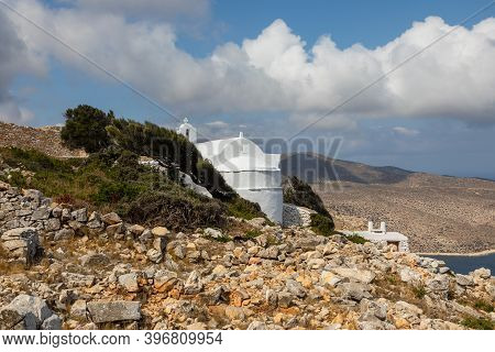 View Of The Small Church Of Panagia Paleokastritsa Inside The Ruins Palaiokastro Castle. Top On The 