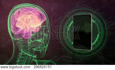 Rontgen Human Head Image Cell Phone, Brain Danger By 5g Communication Concept With Place For Your Co