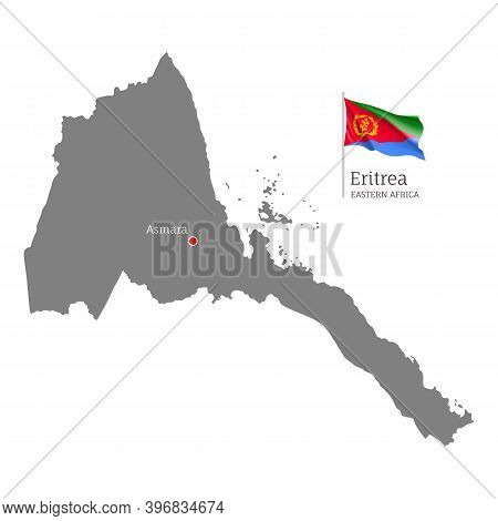 Silhouette Of Eritrea Country Map. Gray Detailed Editable Map With Waving National Flag And Asmara C