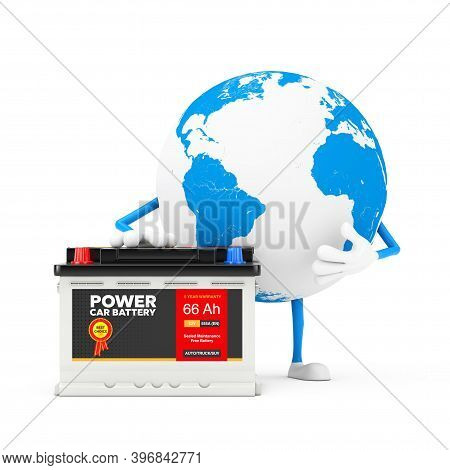Earth Globe Character Mascot And Rechargeable Car Battery 12v Accumulator With Abstract Label On A W