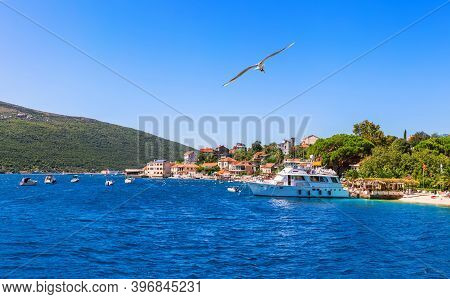 Seaside Of The Adriatic Sea, Yacts And Houses In The Bay Of Kotor, Montenegro