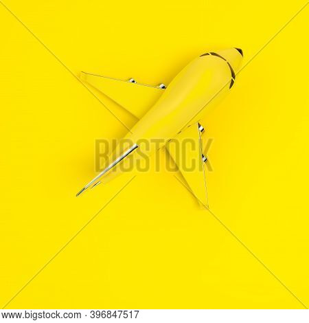 Top View Of Yellow Cartoon Toy Jet Airplane As Duotone Style On A Yellow Background. 3d Rendering