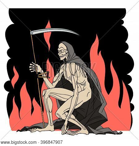 Death In A Cloak With A Scythe, Black Smoke And Red Flames, Grim Reaper, Skeleton, Doomsday Characte