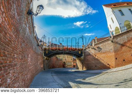 Sibiu, Romania - July 8, 2020: View To The Bridge Of Lies, The First Cast Iron Bridge Built In Roman