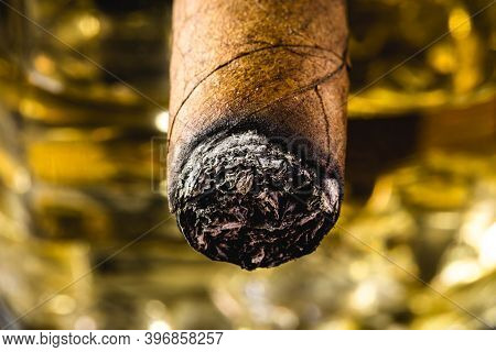 Detail Of Cigar Tip, Macro Photo. Smoking Concept