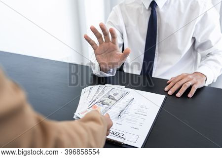 Businessman Partner Hand Gesture Rejecting Refusing Money, Anticorruption Concept