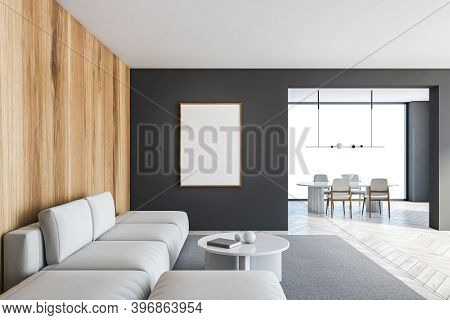 Mockup Blank Canvas In Grey Wooden Living Room With White Sofa, Coffee Table. Dining Room On Backgro