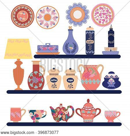 Collection Of Beautifully Ceramic And Porcelain Household Utensils And Tools. Kitchen Tableware On S