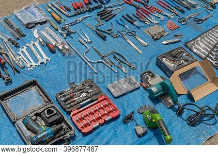 Novi Sad, Serbia - June 3, 2018: Second Hand Tools For Sale At Flea Market In Novi Sad, Serbia.