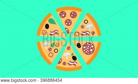 Pizza With Toppings On A Blue Background, Vector Illustration. A Lot Of Pizza Slice With Different F