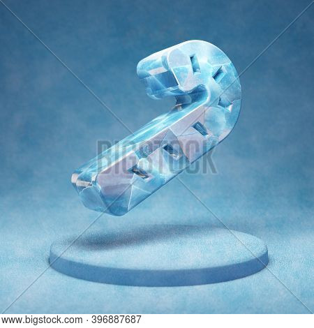 Candy Cane Icon. Cracked Blue Ice Candy Cane Symbol On Blue Snow Podium. Social Media Icon For Websi