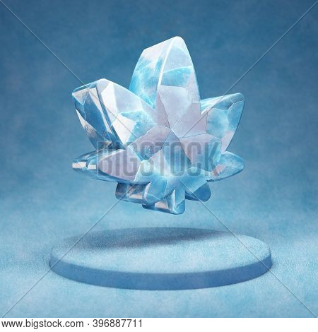 Cannabis Icon. Cracked Blue Ice Cannabis Symbol On Blue Snow Podium. Social Media Icon For Website, 