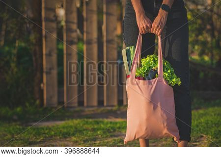 Woman Holding Pink Reusable Eco Bag With Fresh Organic Vegetables. Plant Based Vegan Diet Shopping. 