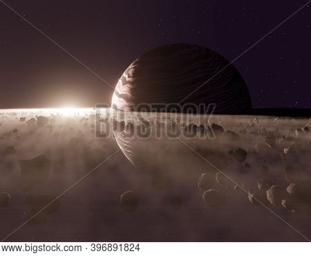 Planet Saturn Or Jupiter Close-up With Meteorites Ring And Sun In Haze, 3d Illustration