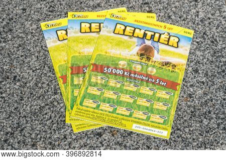 Prague, Czech Republic - July 10, 2020: Czech Rentier Lottery Scratch Cards.
