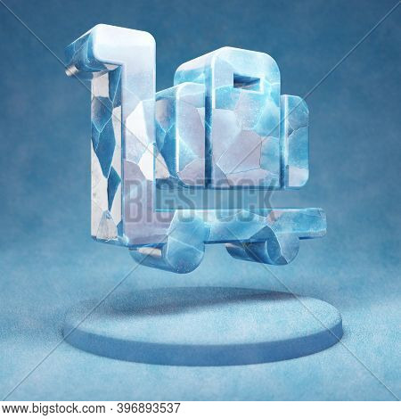Luggage Cart Icon. Cracked Blue Ice Luggage Cart Symbol On Blue Snow Podium. Social Media Icon For W