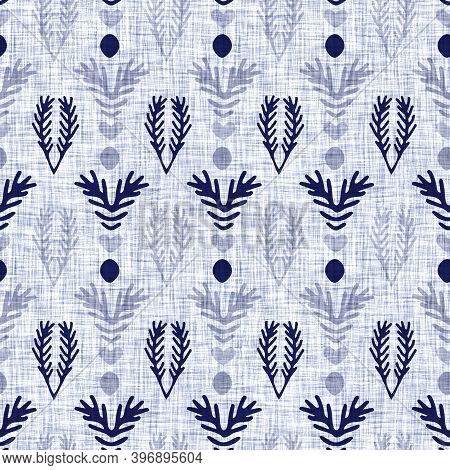 Indigo Blue Leaf Block Print Dyed Linen Texture Background. Seamless Woven Japanese Repeat Batik Pat