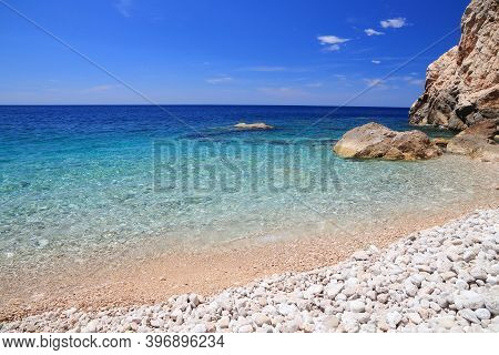 Croatia Landscape. Dalmatia Adriatic Coast. Pasjaca Beach Below Cliffs In Konavle.