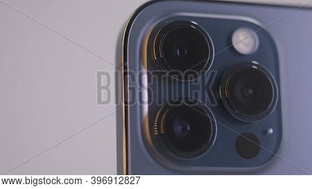 Bangkok, Thailand - 11.10.2020: Apple New Smartphone Iphone 12 Pro Max From The Back Side. Action. C