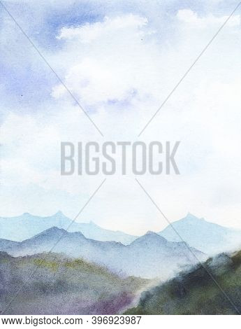 Watercolor Abstract Landscape. Blurred Mountain Ranges Against High Daylight Blue Sky With White Fog