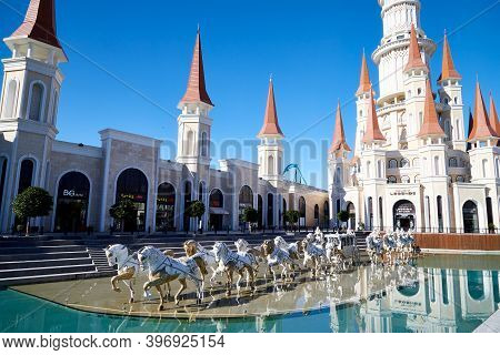 Belek, Turkey - December 17, 2019: Main Pool With Statues And Nice Castle In Land Of Legends Theme M