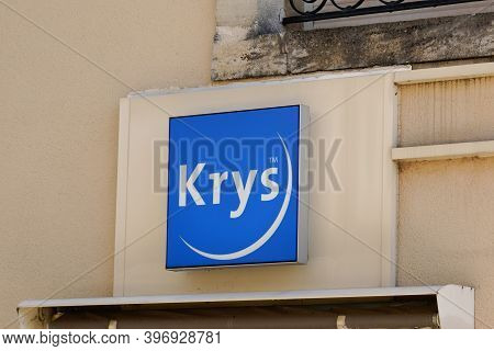 Bordeaux , Aquitaine  France - 11 21 2020 : Krys Blue Optic Logo And Text Sign Front Of Optician Sho