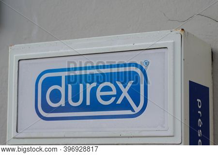 Bordeaux , Aquitaine  France - 11 21 2020 : Durex Logo And Text Sign On Condoms Automat On Street