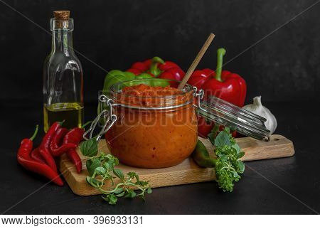 Roasted Red Pepper Relish Ajvar Or Aivar. Traditional Balkan Vegetable Caviar With Green And Red Bel