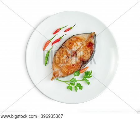 King Mackerel Or Spotted Mackerels Steak With Dish Isolated On White Background ,fried Scomberomorus